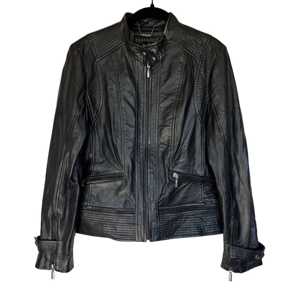 Bernardo Petite Black Leather Moto Zip Jacket Size PL